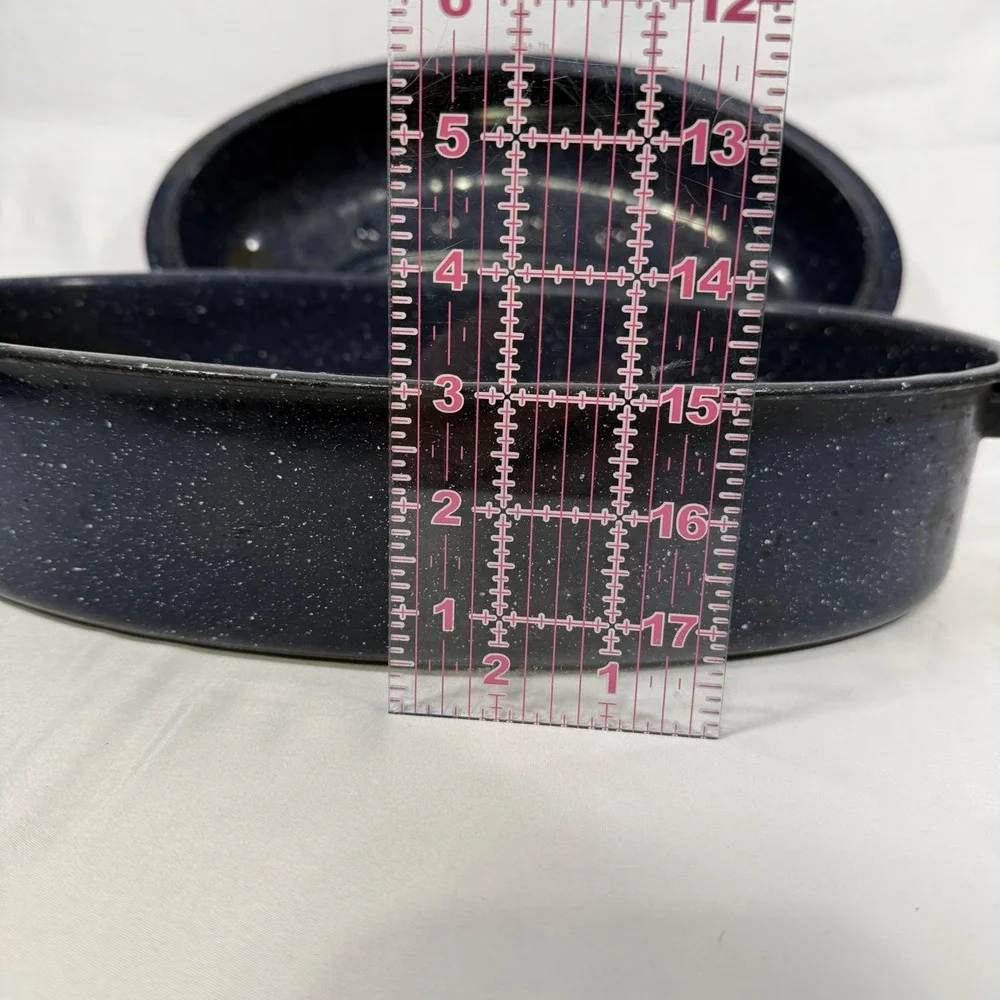 Vintage Enamelware Roaster Pan Large Blue White Speckled Oval Lidded Pot 15 Inch